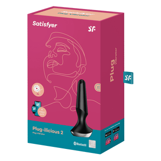 Satisfyer Plug-Ilicious 2 Appstyrd Plug har en rosa och blå låda med elegant linjekonst på framsidan, vilket framhäver dess design gjord av kroppssäkert silikonmaterial för en bekymmersfri upplevelse.