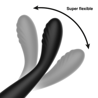 Ibiza G-Spot Flexible Vibrator, som visas i svart, böjer sig i olika riktningar med frasen "Super flexible" och en böjd pil som visas ovanför den.
