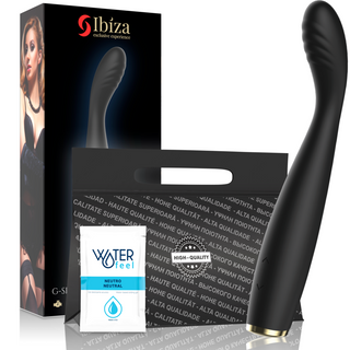 Ibiza G-Spot Flexible Vibrator visas med sin förpackning, presentpåse och en påse med vattenbaserat glidmedel. Denna vattentäta och flexibla leksak erbjuder mångsidiga, njutbara upplevelser för alla användare.