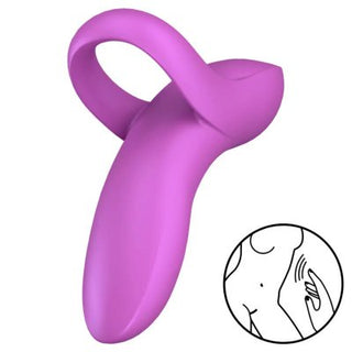 Satisfyer Bold Lover är en lila bärbar fingervibrator med en cirkulär slinga, flera vibrationslägen och en illustration av kroppsapplikationen.