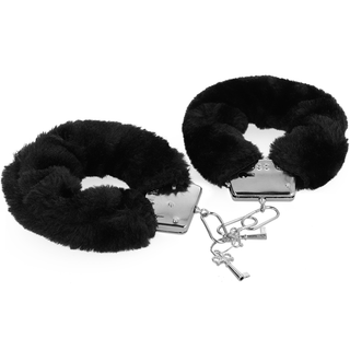 Intense Fetish Bondage Set innehåller metallhandbojor med svarta luddiga skydd och två nycklar - perfekt för alla BDSM-startpaket.