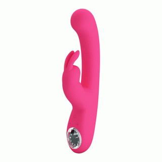 Pretty Love Lamar är en rosa vibrator med dubbelstimulering från sidan med kaninöron, tillverkad av medicinsk silikon. Den erbjuder optimal G-punktsstimulering och är USB-uppladdningsbar för bekvämlighet, allt presenterat på en orörd vit bakgrund.