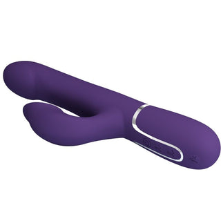 Zalin Rabbit Vibrator Pearls är en lila vibrator med en elegant, böjd design och dubbla motorer för ökad njutning. Den har ett huvudskaft och en mindre arm för dubbel stimulering, med intuitiva kontrollknappar på handtaget för justerbara inställningar.