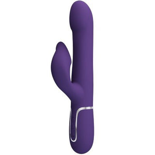 Zalin Rabbit Vibrator Pearls har dubbla motorer, en elegant lila design med ett större böjt skaft och mindre klitorisarm, både slät och rundad. En silverring nära basen ger elegans, perfekt för en intim massageupplevelse.