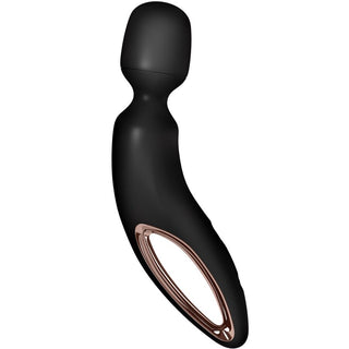 Satisfyer Wand Erland Svart är en svart och rosa guld wand-massager med ett böjt handtag och rundat huvud, utformat för att leverera kraftfulla vibrationer för djupt tillfredsställande avkoppling.