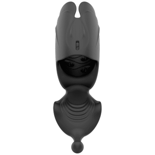 Jamyjob Uppladdningsbar Head Stroker Masturbator är en lyxig, svart flip-telefon-inspirerad enhet med en strukturerad yta, böjd kropp och en sfärisk knopp i botten, som föreställer premium silikondesign.