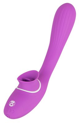 2 Funktion Vibrator Med Tunga - 22 cm är en lila personlig massageapparat i silikon med ett böjt, räfflat handtag och en cirkulär öppning i ena änden, idealisk för G-punktsstimulering.