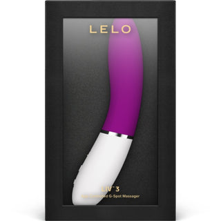 En LELO Liv 3 Vibrator i lila och vit med svart förpackning med ett tydligt skyltfönster.