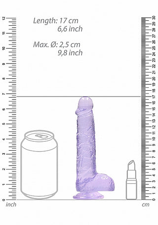 Lila Dildo Med Sugpropp 17cm, gjord av TPE, sitter bredvid en burk och läppstift. Dess transparenta lila färg ger en lekfull touch till alla arrangemang, med mått i både centimeter och tum.