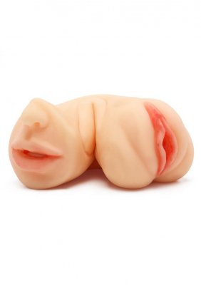 En köttfärgad abstrakt skulptur med läppar och spår, som påminner om ett förvrängt ansikte, fångar Bangers Dubbel Lösvaginas intriger genom att maskera dess essens som ett konstnärligt uttryck av dold lockelse.