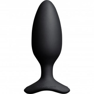 Lovense Hush 2 Medium, en svart droppformad plugg med bred bas, vilar mot en vanlig vit bakgrund, med appstyrningsfunktioner för sömlös kontroll.