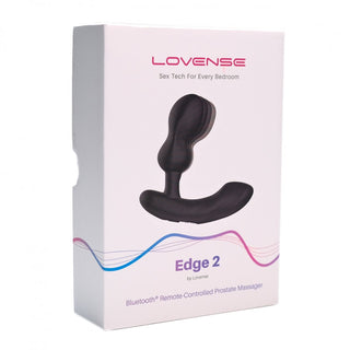 Lovense Edge 2 - Prostata Vibrator's box har en produktbild på framsidan. Den ansluts trådlöst via Bluetooth till Lovense-appen, vilket möjliggör förbättrad kontroll och anpassning.
