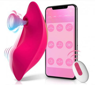 Lufttryck & Vibration Trosvibrator är en rosa bärbar enhet, appstyrd, med en praktisk fjärrkontroll och olika lägesikoner för personliga upplevelser.