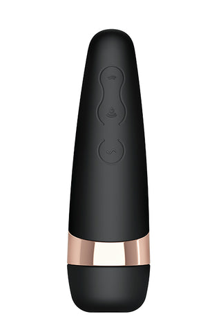 Satisfyer Pro 3+ är en lyxig svart vibrator med guldaccenter, med intuitiva kontroller och innovativ tryckvågsstimulering för ultimat njutning.