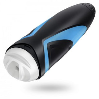 The Masturbator - Satisfyer Men, en svart och blå cylindrisk enhet med en vit öppning, visas mot en orörd vit bakgrund.