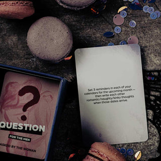 Ett kort på ett bord med macarons och konfetti föreslår The Box Of Burning Desires, perfekt för påminnelser om romantiska eller lekfulla tankar.