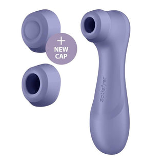 Satisfyer Pro 2 Generation 3 massageapparat, kompatibel med sina egna tillbehör, har en smidig design och inkluderar två alternativa kåpor för förbättrad klitorisstimulering.