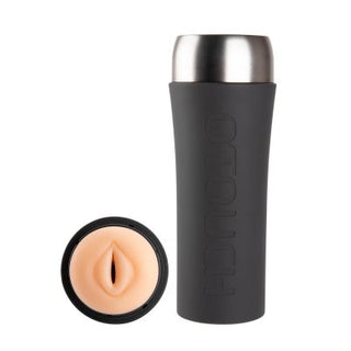 OTouch Inscup 2 lyx masturbator, en svart resemuggliknande enhet med silverlock och beige silikoninsats för handsfree-användning.