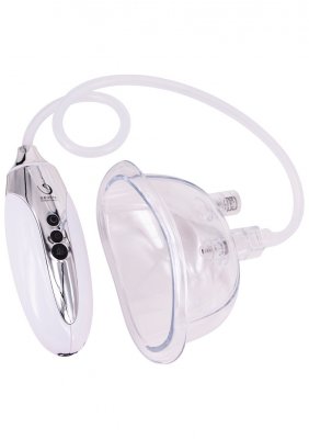 Odessa Pussy Pump med en transparent design inkluderar en ansluten vit elektronisk kontroller med knappar, en strömbrytare och justerbara vibrationslägen för personlig komfort.