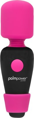 Palm Power - Pocket Wand, i rosa och svart, kommer med en central cirkulär knapp för flera vibrationslägen. Dess flexibla huvud förbättrar komfort och avlastning.