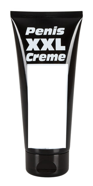 En svart tub märkt Penis XXL Creme har en tom vit rektangel i mitten, vilket främjar ökat blodflöde och starkare erektioner för förbättrad prestanda.