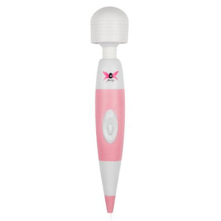 Pixey Magic Wand är en rosa och vit handhållen massageapparat med ett rundat, flexibelt huvud och central strömbrytare, designad för kraftfulla vibrationer.