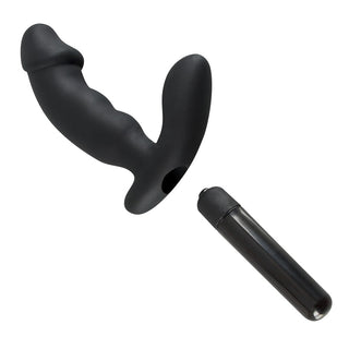 Prostatavibrator 15 cm Rebel, i elegant svart, har en ergonomisk design med en avtagbar vibrerande kula för ökad stimulering, som visas mot en vit bakgrund.