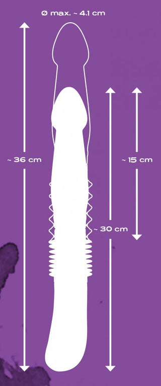 Ett siluettdiagram av ett långt föremål, med mått på en lila bakgrund, framhäver de imponerande egenskaperna hos You2Toys Thrust Vibrator som är designad för användarnöjdhet.
