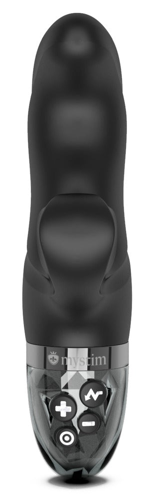 Mystim Rabbitvibrator E-Stim, i svart, är en elektronisk enhet med knappar och kontroller som har en elegant, konturdesign för avancerad funktionalitet och en förhöjd upplevelse.