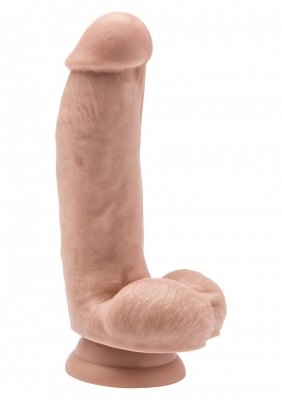Dildo - Get Real 15 cm i realistisk beige silikon har en sugbas, är selekompatibel och står upprätt på en vit bakgrund.