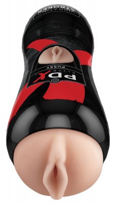 Denna svarta och röda vuxenleksak, PDX Elite - Realistisk Vagina Med Vibrationer, har en mjuk textur och anatomisk design gjord av realistiskt material.