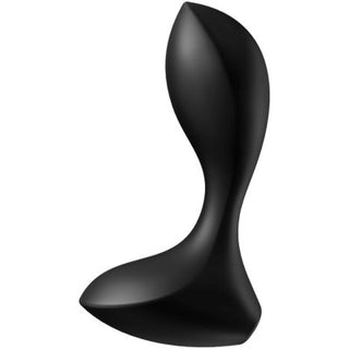 Produkten, Satisfyer Backdoor Lover, är en abstrakt svart skulptur med elegant silikondesign, mjuka kurvor och en glansig finish.
