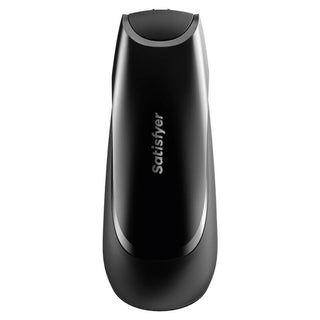 Framifrån av den svarta Satisfyer Men Vibration+-enheten som visar upp en elegant, modern design för intensiv penisstimulering, mot en vit bakgrund.