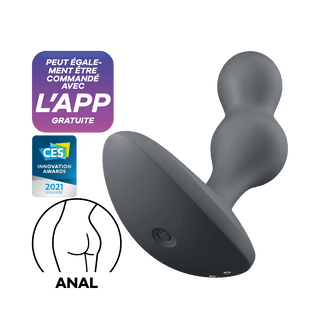 Satisfyer Deep Diver Plug, en svart analplugg med appanslutning och CES 2021-utmärkelse, är avbildad med ikoner och fransk text. Den erbjuder anpassningsbara vibrationslägen för en skräddarsydd upplevelse.