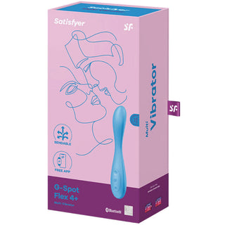 En rosa ruta med abstrakt ansiktskonst visar Satisfyer G-Spot Flex 4+, som visar upp en blå bild av vibratorn, tillverkad av kroppssäkert silikon för säkerhet och flexibilitet.
