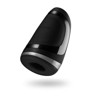The Satisfyer Men - Värmande Vibration är en elegant svart och silver ergonomisk gadget med en texturerad finish, designad för den ultimata upplevelsen, isolerad på en vit bakgrund.