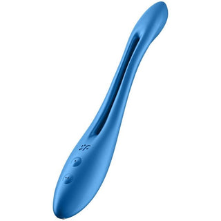 Den blå Satisfyer Elastic Joy blå är en långsträckt enhet med två knappar och ett smalt spår, perfekt för par som söker gemensamt nöje genom sin innovativa design.