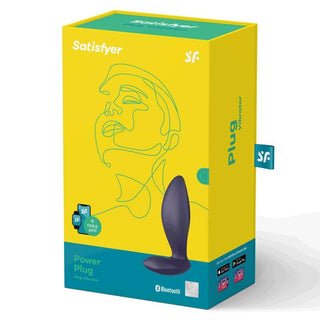 Satisfyer Power Buttplug Lila/APP-lådan, prydd med en minimalistisk ansiktskontur och Bluetooth-symbol, är designad för anal stimulering med anpassningsbara vibrationsmönster.
