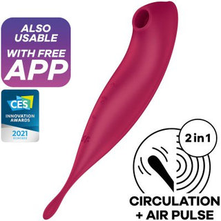 Satisfyer Twirling Pro+ är en röd, ergonomisk klitorisvibrator med appstyrd-integration, belönad med CES 2021 Innovation Award och har Circulation + Air Pulse-teknik för ökad njutning.