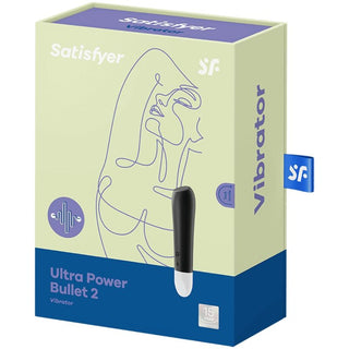 Satisfyer Ultra Power Bullet 2 Vibrator kommer i en ljusgrön låda med ett blått bottensegment, med en minimalistisk linjeillustration av en person och vibratorn. "Vibrator" är markerad på sidan bredvid ikoner som framhäver dess intensiva vibrationsfunktioner.