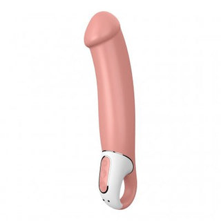 Satisfyer Vibes - Dildo 22 cm är en rosa och vit personlig massageapparat med en böjd silikondesign och öglahandtag för enkelt grepp, som erbjuder mångsidig vibrationslägen.