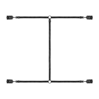 Ett svart fyrapunkts fasthållningssystem, som liknar en bondagelek, med clips i varje ände på en vit bakgrund. Idealisk för eskapader som Under the Bed Restraint Set.