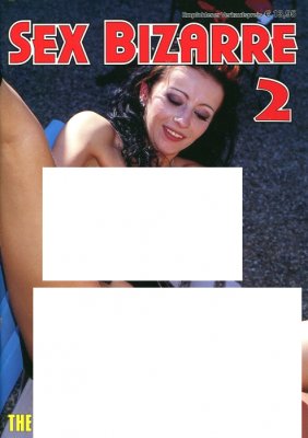 En kvinna med svart hår lutar sig tillbaka på en stol medan färgglad text från "Hertidningar Sex Bizzare 2" svävar ovanför henne.