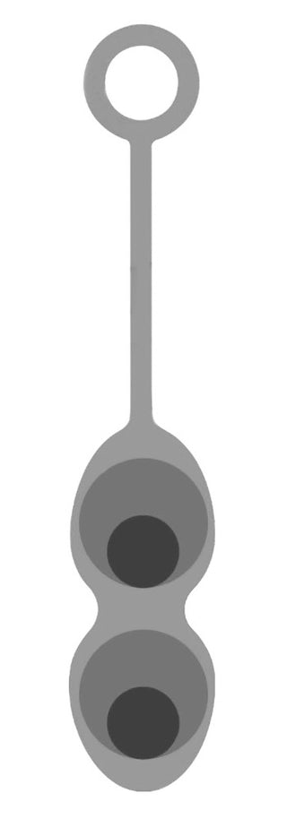 Illustration av två sammankopplade grå kulor med ett öglehandtag på toppen, som liknar den eleganta Knipkulor - 3 Set I Silikon Nova gjord av slät silikon.