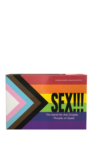 Box med en livlig regnbågsdesign och texten: SEX!!! Sexspel. Designad för par, thruples eller quads, den innehåller spännande sexpositioner-utmaningar och är anpassningsbar för fler deltagare—idealisk för spännande förspel och sexspeläventyr.