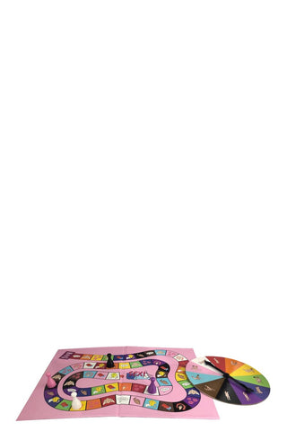 Brädspelet "Sex!!! Sexspel" har en rosa och lila bana, bönder och en flerfärgad spinner på en vit bakgrund. Det är anpassningsbart för fler spelare, vilket garanterar oändligt roligt.