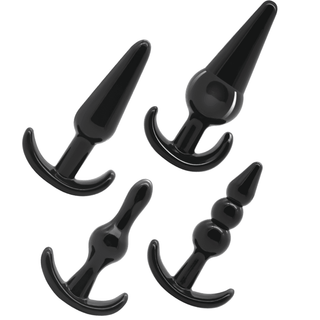 Upptäck det perfekta sexleksakersetet med Analträning Ankar Buttplug 4-pack med fyra svarta silikonpluggar, var och en i unika former och storlekar, kompletta med bekväma böjda handtag för optimal analträning.