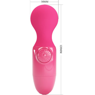 Pretty Love Mini-Wand är en rosa handhållen massageapparat med en 38 mm x 120 mm kompakt design, runt huvud och roterande ratt, som erbjuder kraftfulla vibrationer för avkoppling.