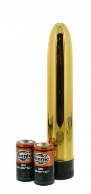 En guldfärgad Slim-Line Vibrator Guld, elegant formad som en cylinder, sitter bredvid tre Vinnic-batterier, som påminner om elegant design.