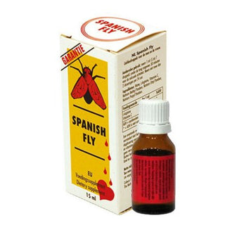 En låda och flaska Spanska Flugan Kåt Droppar, med röd text och bildspråk, lovar att tända passion och förhöja den sensuella upplevelsen.